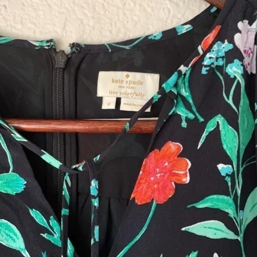 kate spade Black Floral Print Romper with Green and Red Accents